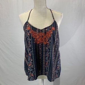 Hollister Criss Cross Navy Blue Embroidered Cami Tank Size Large